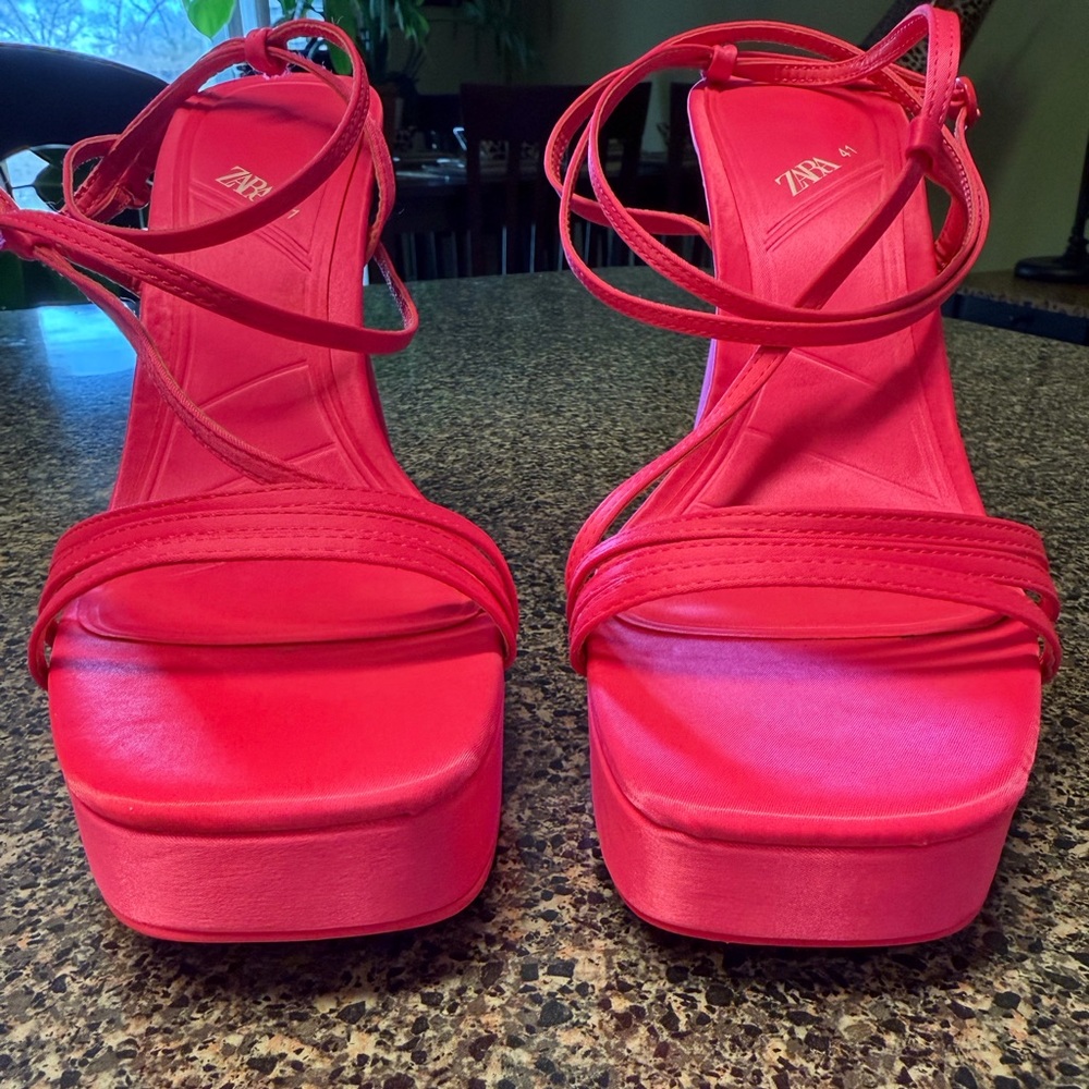 “ZARA” Satin Strappy Wraparound Platform Sandal Heels - Picture 10 of 16
